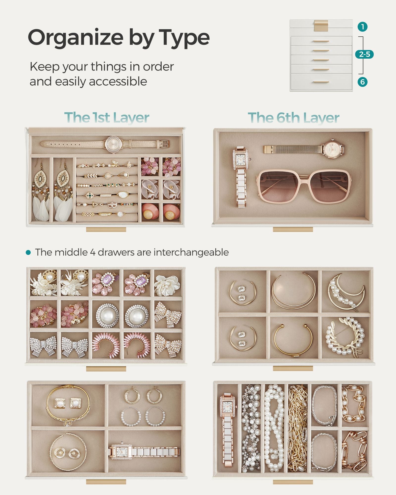 6-Layer Jewelry Box with Glass Lid for Big Jewelry - HWLEXTRA 