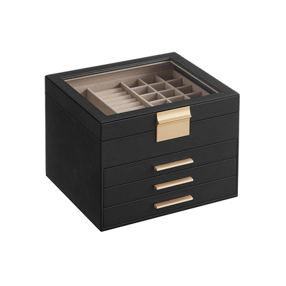 Schmuckkästchen, Schmuckkasten 4 Ebenen, Schmuckbox mit Glasdeckel