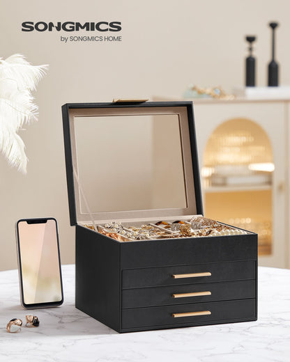 Schmuckkästchen, Schmuckkasten 4 Ebenen, Schmuckbox mit Glasdeckel