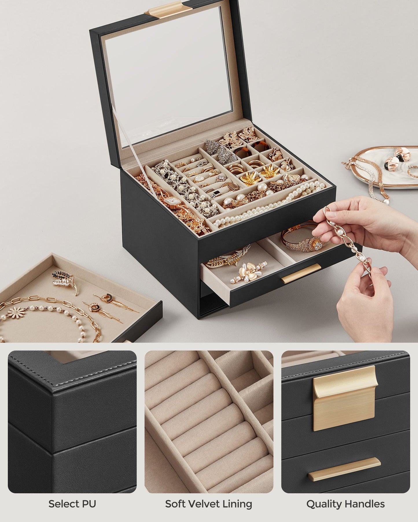 Schmuckkästchen, Schmuckkasten 4 Ebenen, Schmuckbox mit Glasdeckel