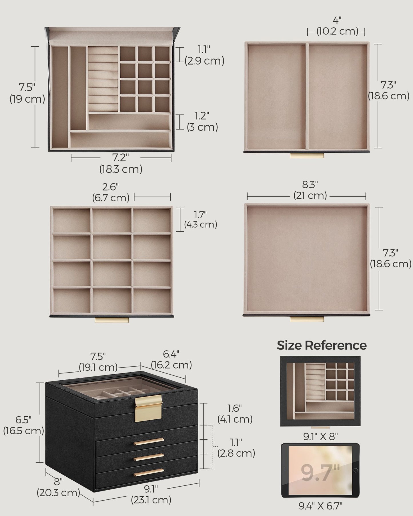Schmuckkästchen, Schmuckkasten 4 Ebenen, Schmuckbox mit Glasdeckel