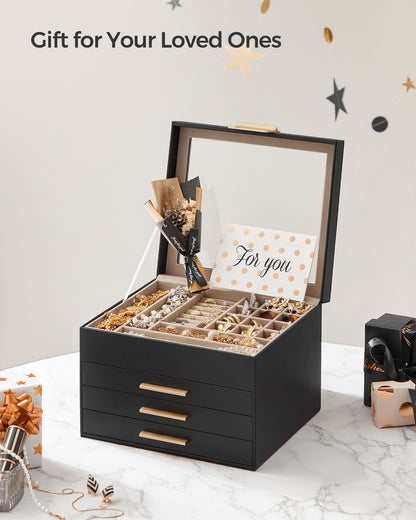 Schmuckkästchen, Schmuckkasten 4 Ebenen, Schmuckbox mit Glasdeckel