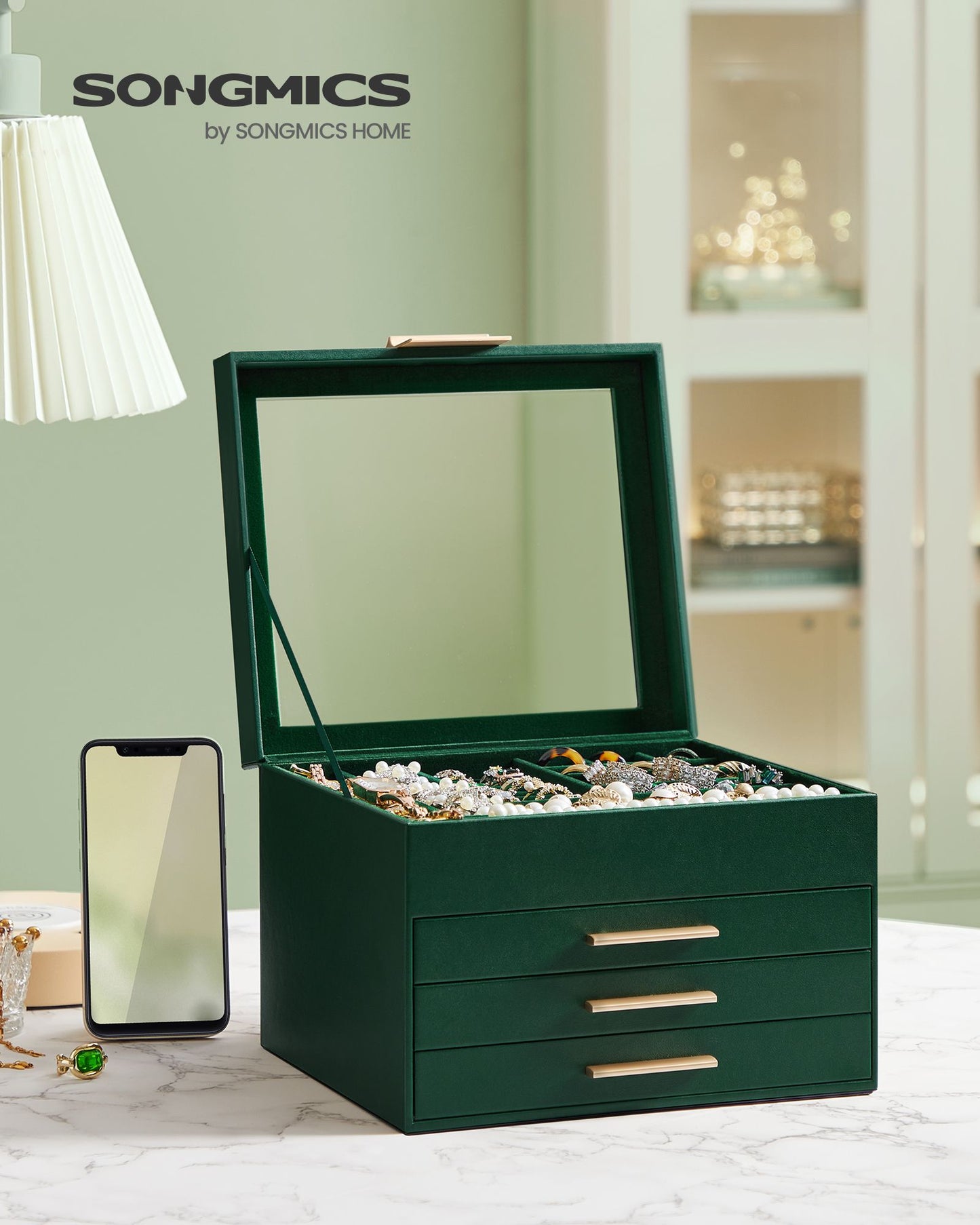 Schmuckkästchen, Schmuckkasten 4 Ebenen, Schmuckbox mit Glasdeckel