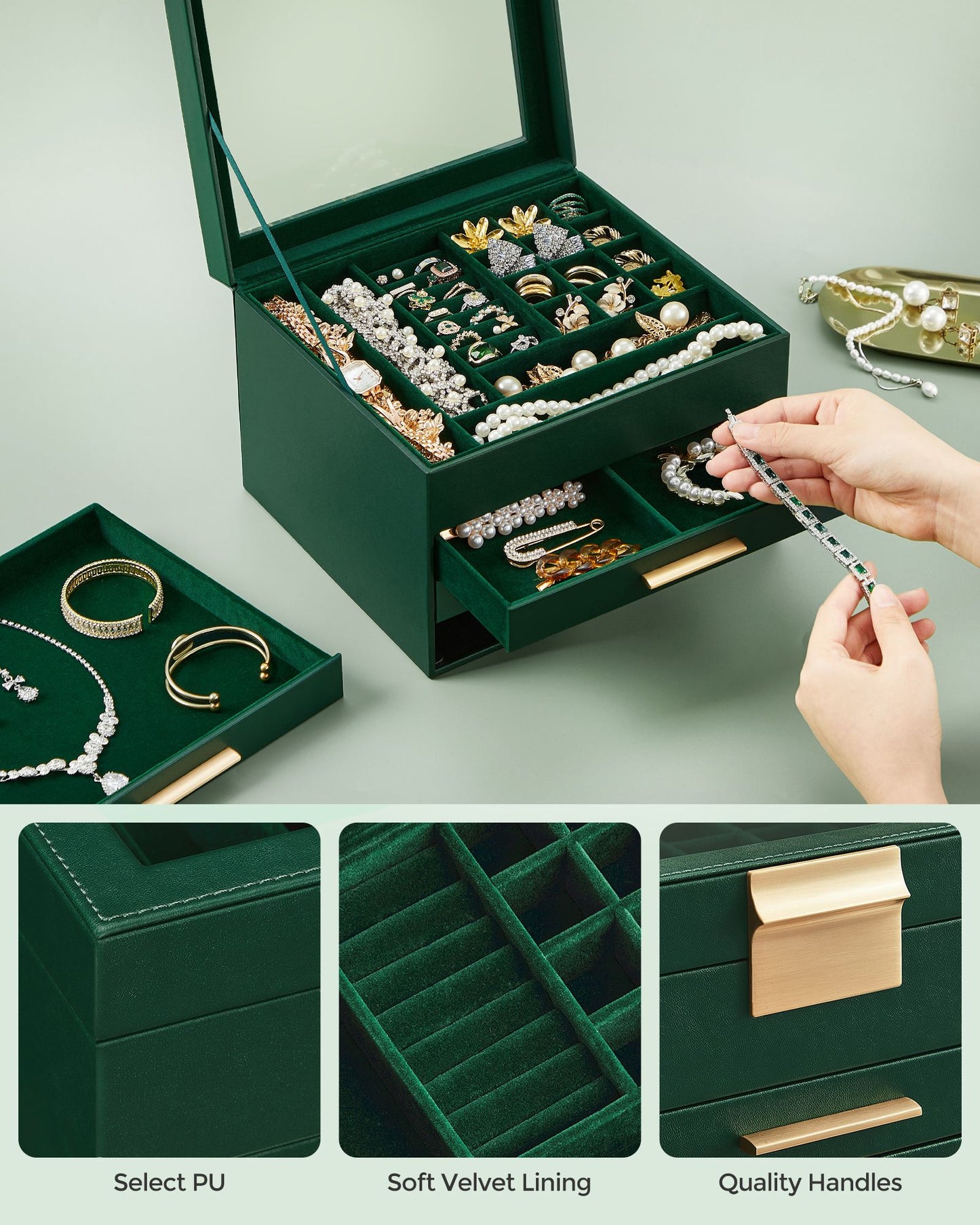 Schmuckkästchen, Schmuckkasten 4 Ebenen, Schmuckbox mit Glasdeckel