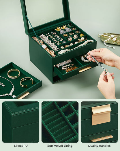 Schmuckkästchen, Schmuckkasten 4 Ebenen, Schmuckbox mit Glasdeckel