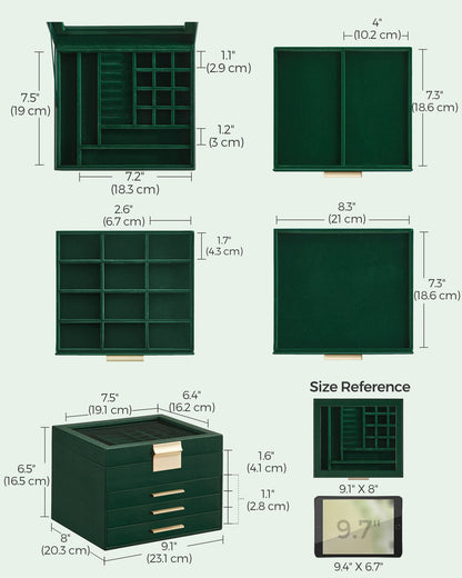 Schmuckkästchen, Schmuckkasten 4 Ebenen, Schmuckbox mit Glasdeckel