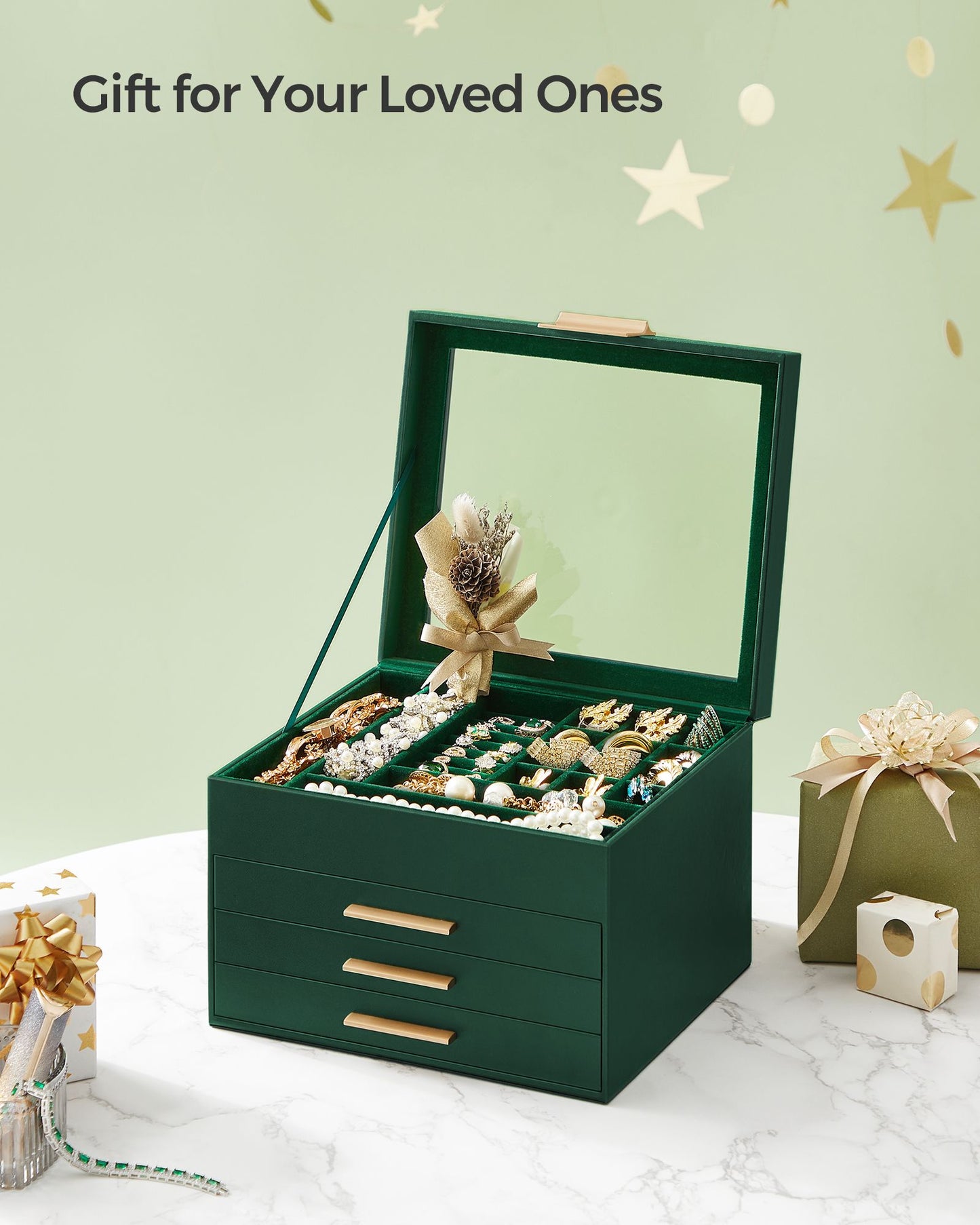 Schmuckkästchen, Schmuckkasten 4 Ebenen, Schmuckbox mit Glasdeckel