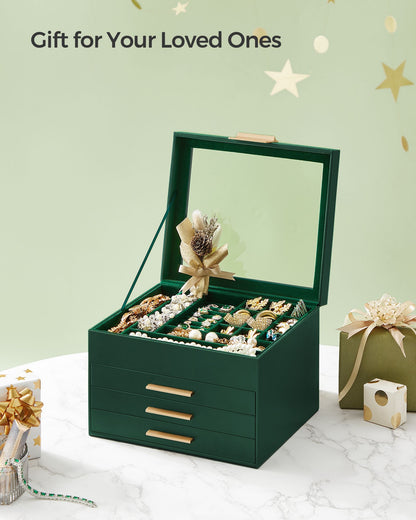 Schmuckkästchen, Schmuckkasten 4 Ebenen, Schmuckbox mit Glasdeckel