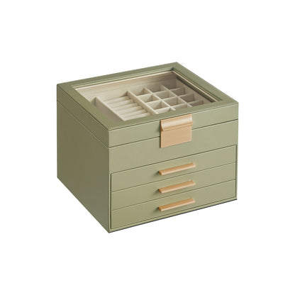 Schmuckkästchen, Schmuckkasten 4 Ebenen, Schmuckbox mit Glasdeckel