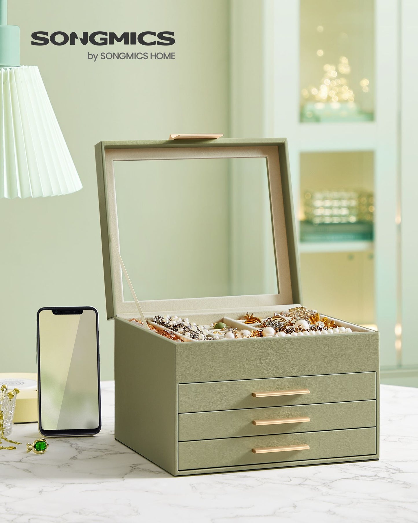 Schmuckkästchen, Schmuckkasten 4 Ebenen, Schmuckbox mit Glasdeckel