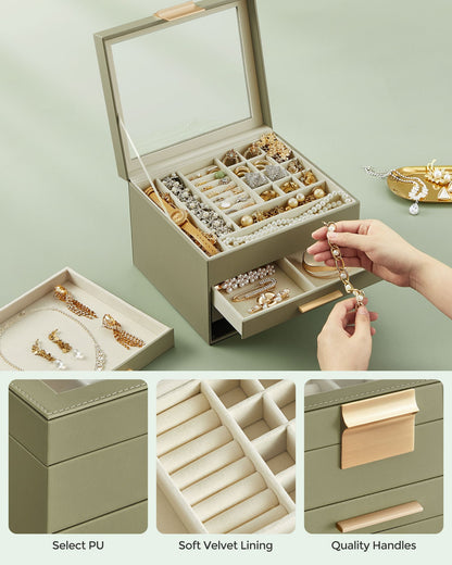 Schmuckkästchen, Schmuckkasten 4 Ebenen, Schmuckbox mit Glasdeckel