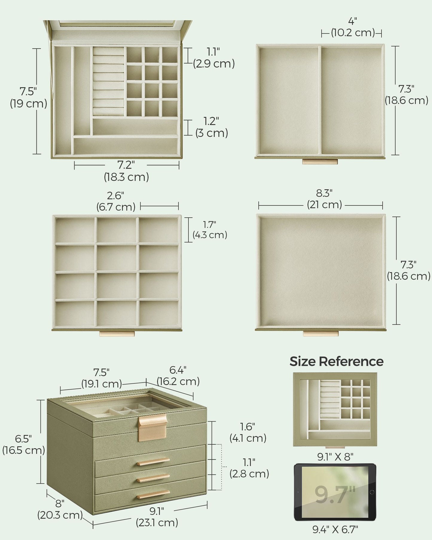 Schmuckkästchen, Schmuckkasten 4 Ebenen, Schmuckbox mit Glasdeckel