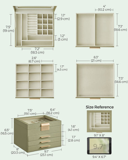 Schmuckkästchen, Schmuckkasten 4 Ebenen, Schmuckbox mit Glasdeckel