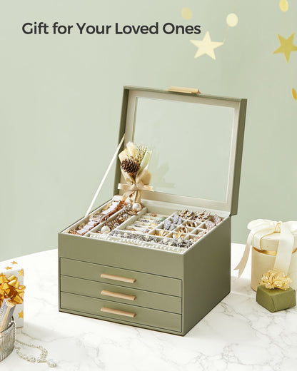 Schmuckkästchen, Schmuckkasten 4 Ebenen, Schmuckbox mit Glasdeckel