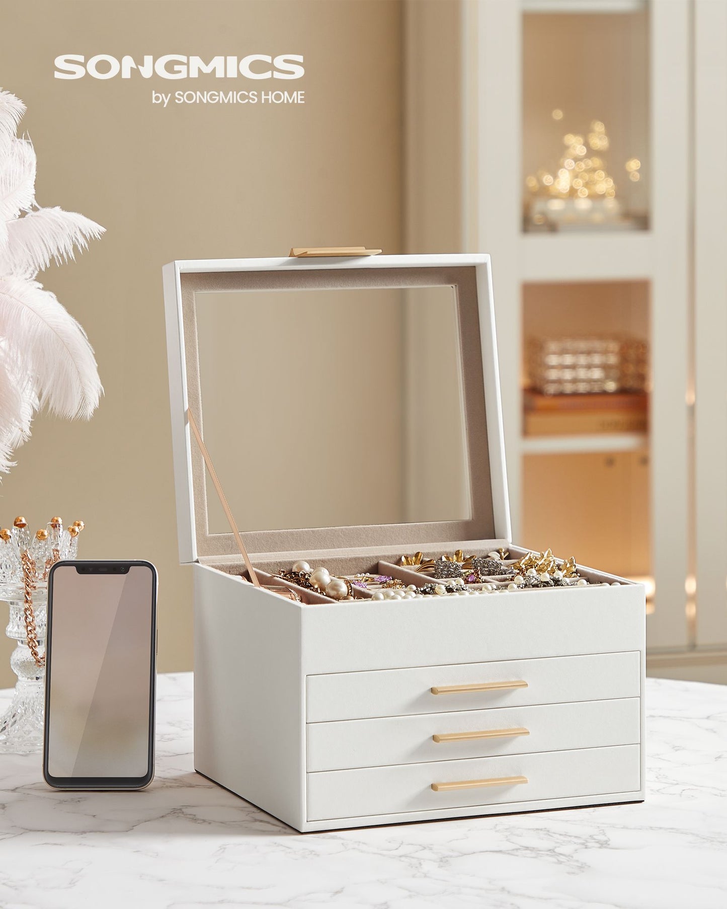 Schmuckkästchen, Schmuckkasten 4 Ebenen, Schmuckbox mit Glasdeckel