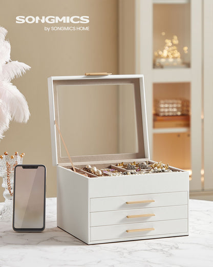 Schmuckkästchen, Schmuckkasten 4 Ebenen, Schmuckbox mit Glasdeckel