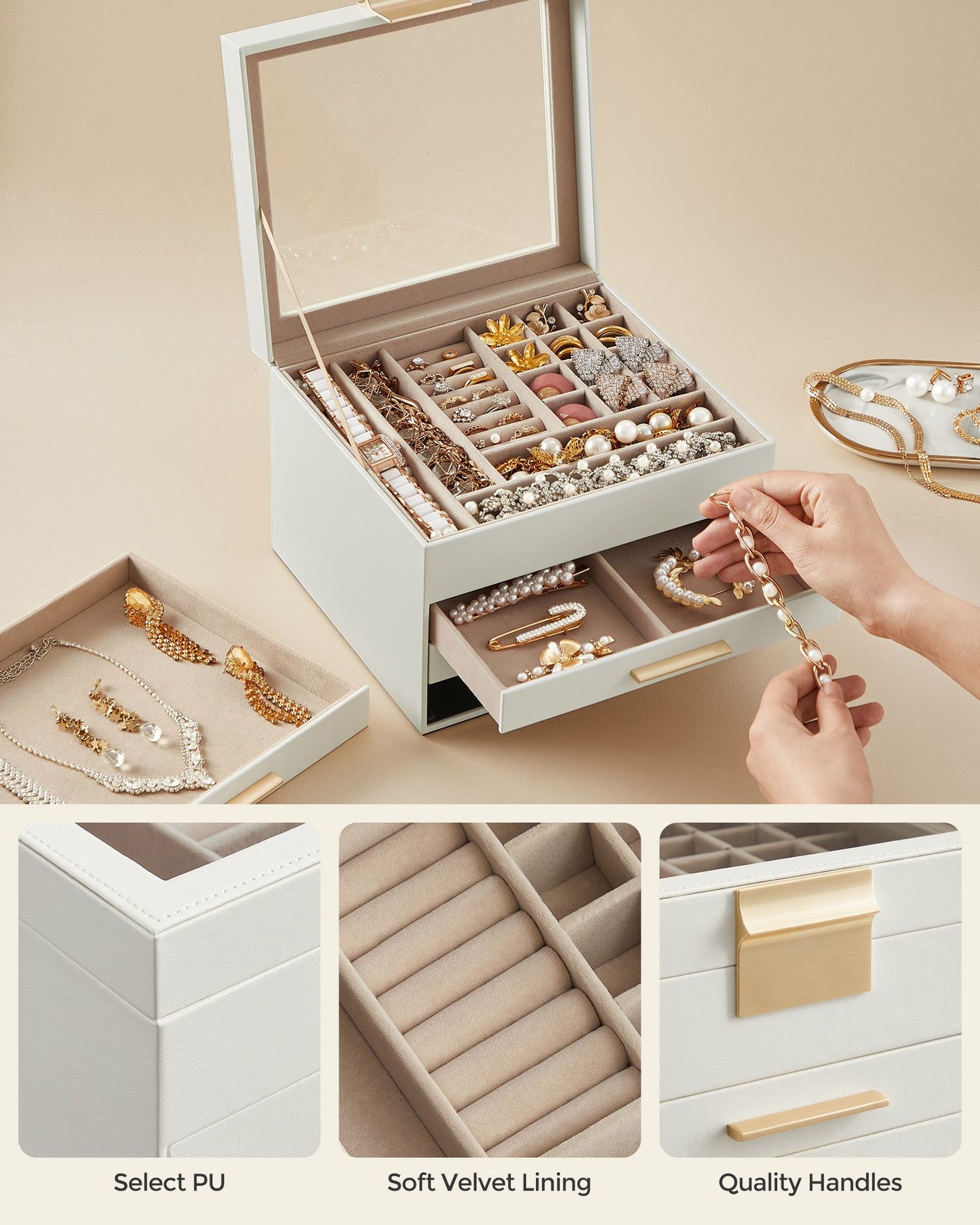 Schmuckkästchen, Schmuckkasten 4 Ebenen, Schmuckbox mit Glasdeckel