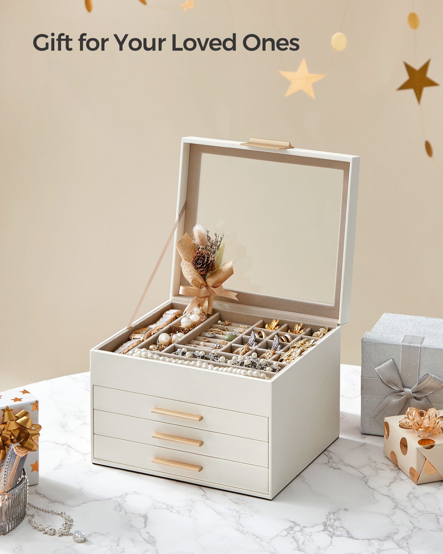 Schmuckkästchen, Schmuckkasten 4 Ebenen, Schmuckbox mit Glasdeckel