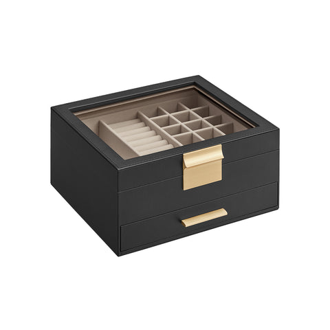 2-Layer Jewelry Box with Glass Lid, 1 Drawer