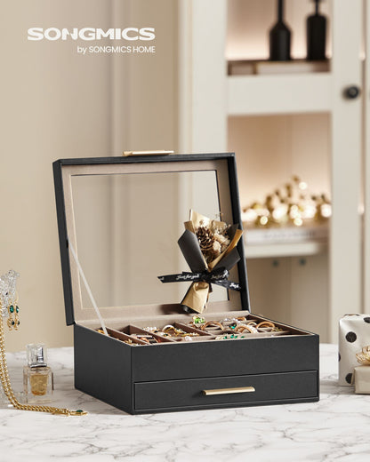 2-Layer Jewelry Box with Glass Lid, 1 Drawer
