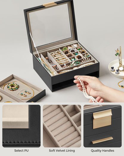 2-Layer Jewelry Box with Glass Lid, 1 Drawer