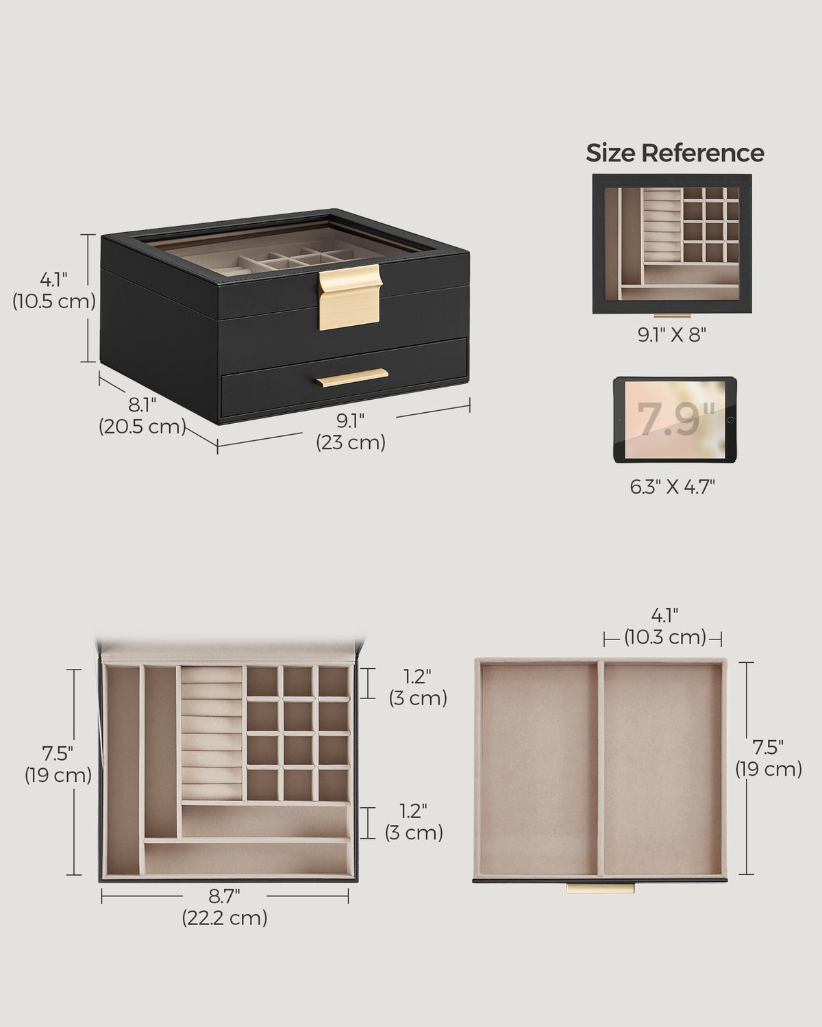 2-Layer Jewelry Box with Glass Lid, 1 Drawer