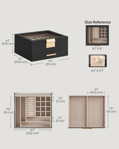 2-Layer Jewelry Box with Glass Lid, 1 Drawer