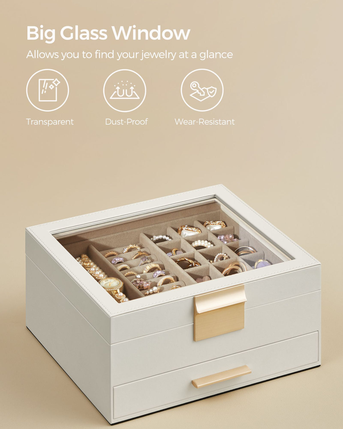 2-Layer Jewelry Box with Glass Lid, 1 Drawer
