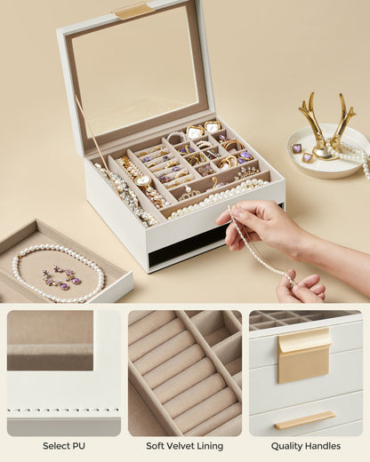 2-Layer Jewelry Box with Glass Lid, 1 Drawer