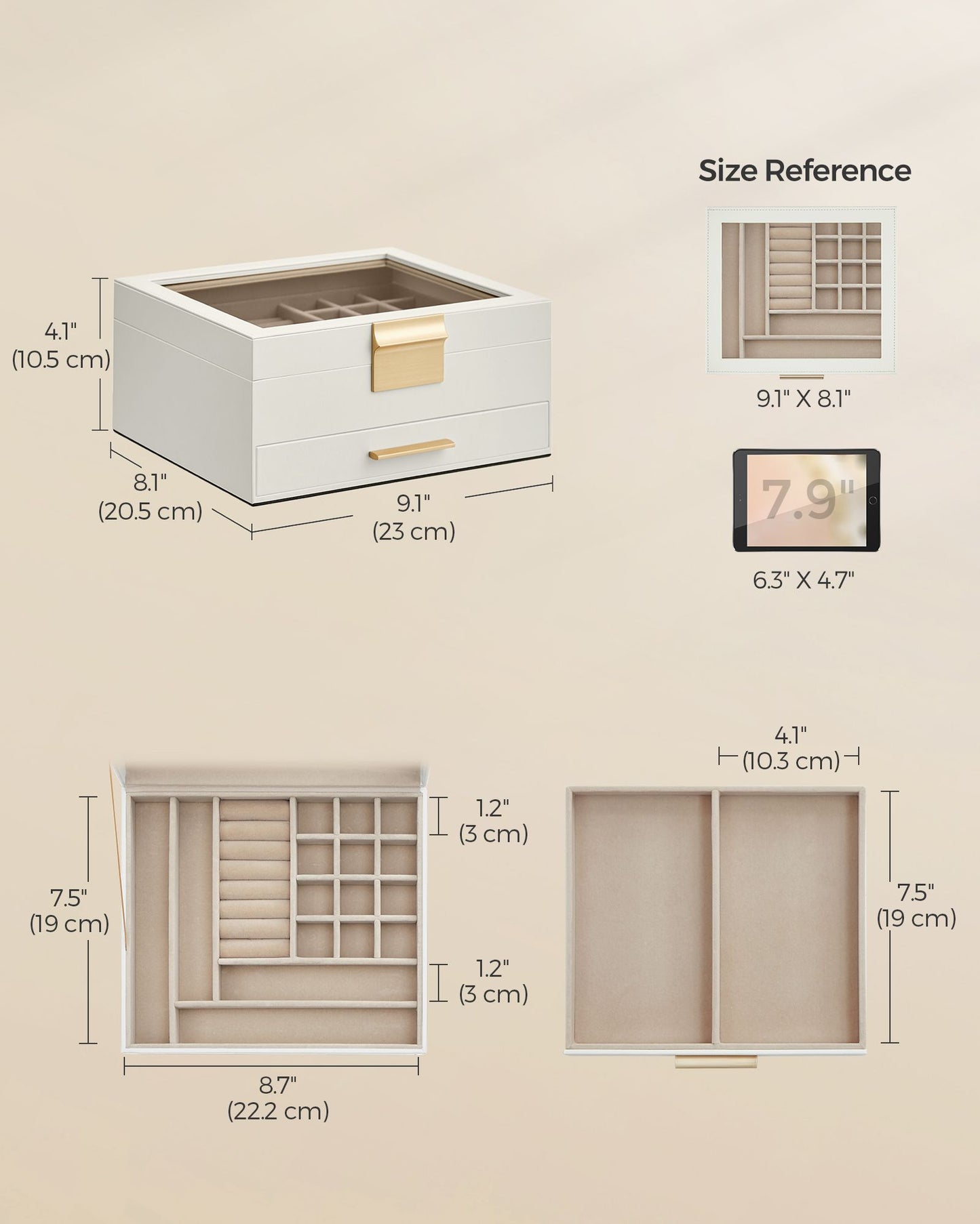 2-Layer Jewelry Box with Glass Lid, 1 Drawer