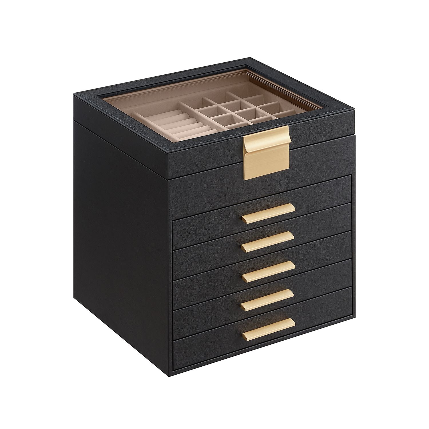 6-Layer Jewelry Box with Glass Lid, 5 Drawers