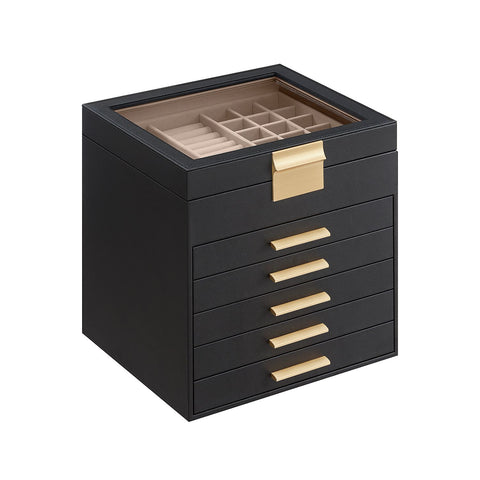 6-Layer Jewelry Box with Glass Lid, 5 Drawers