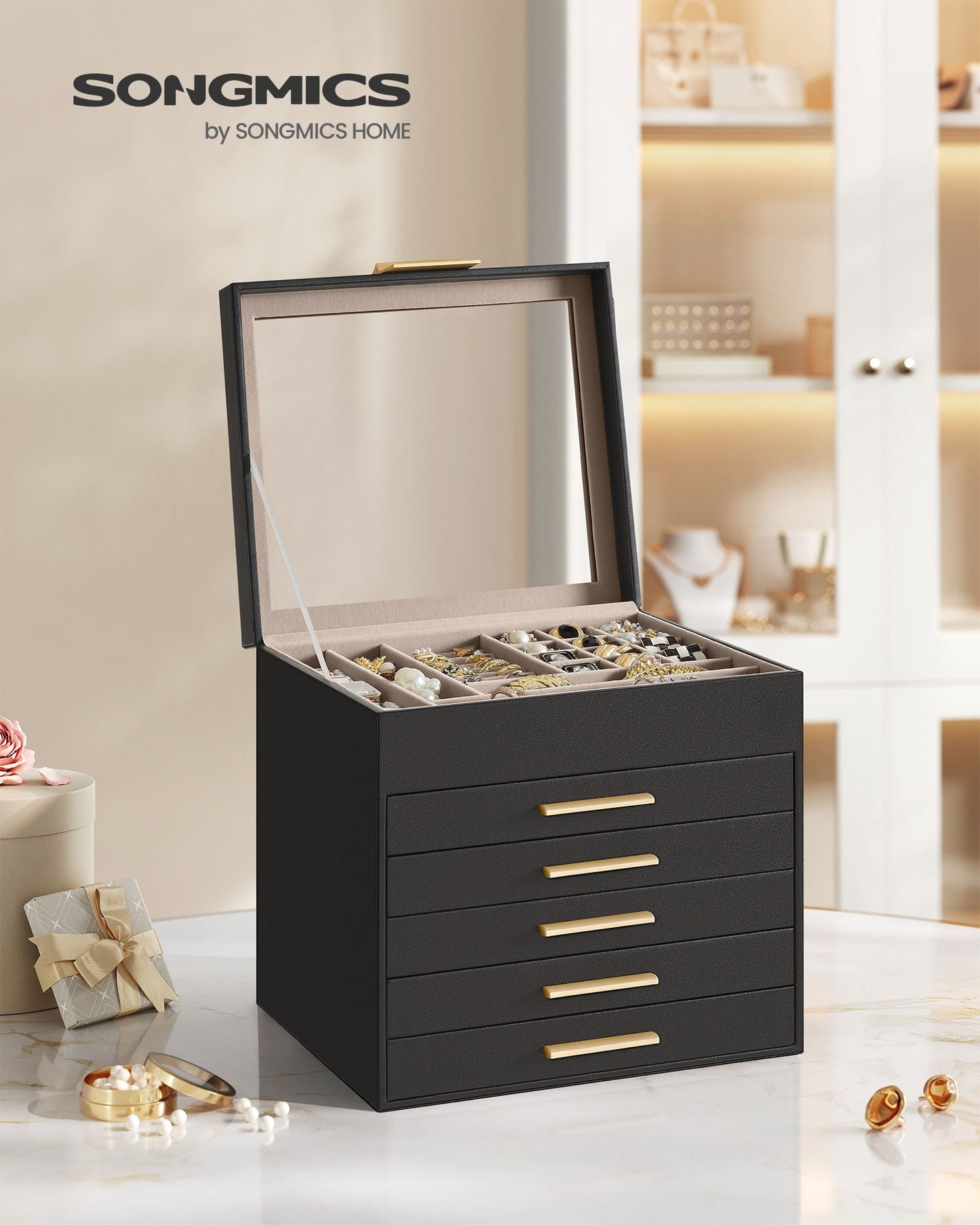 6-Layer Jewelry Box with Glass Lid, 5 Drawers