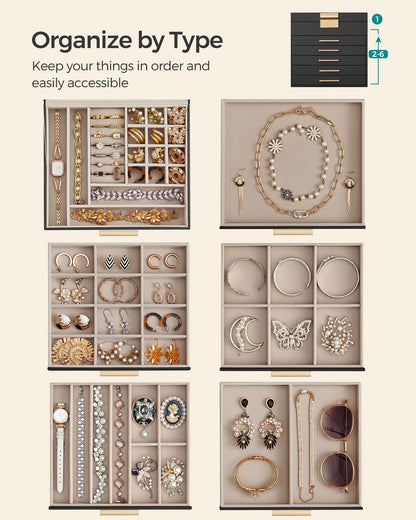 6-Layer Jewelry Box with Glass Lid, 5 Drawers
