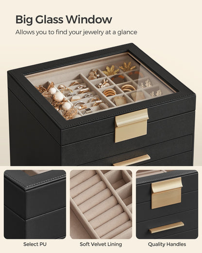 6-Layer Jewelry Box with Glass Lid, 5 Drawers