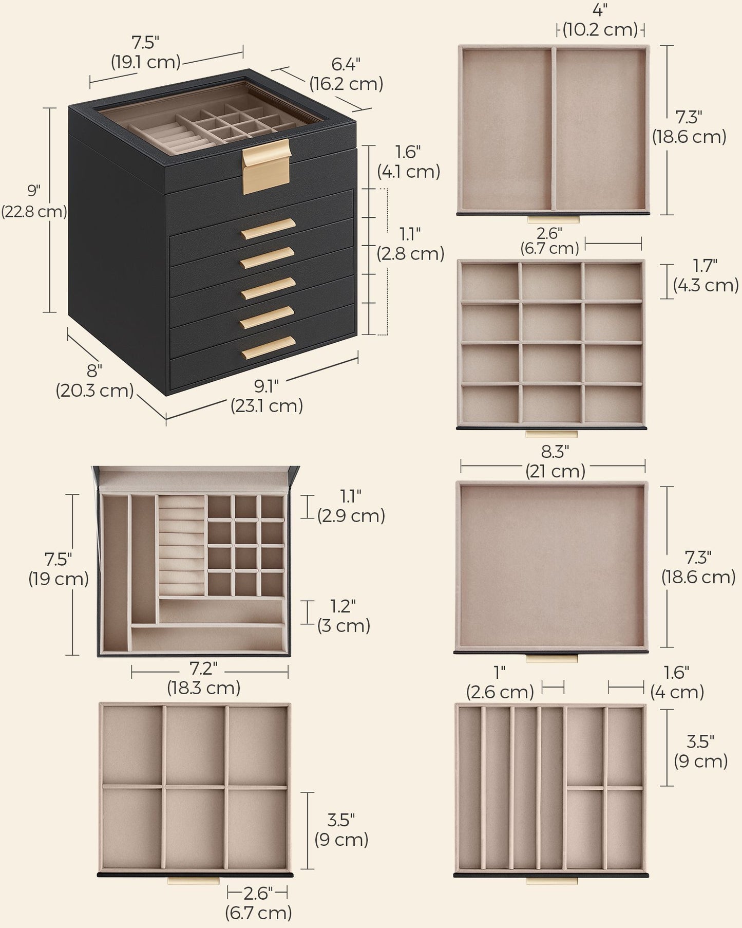 6-Layer Jewelry Box with Glass Lid, 5 Drawers