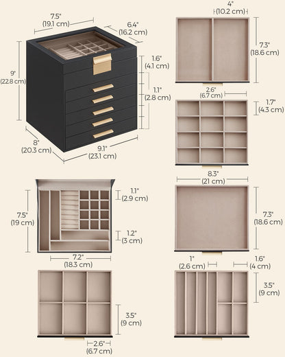 6-Layer Jewelry Box with Glass Lid, 5 Drawers