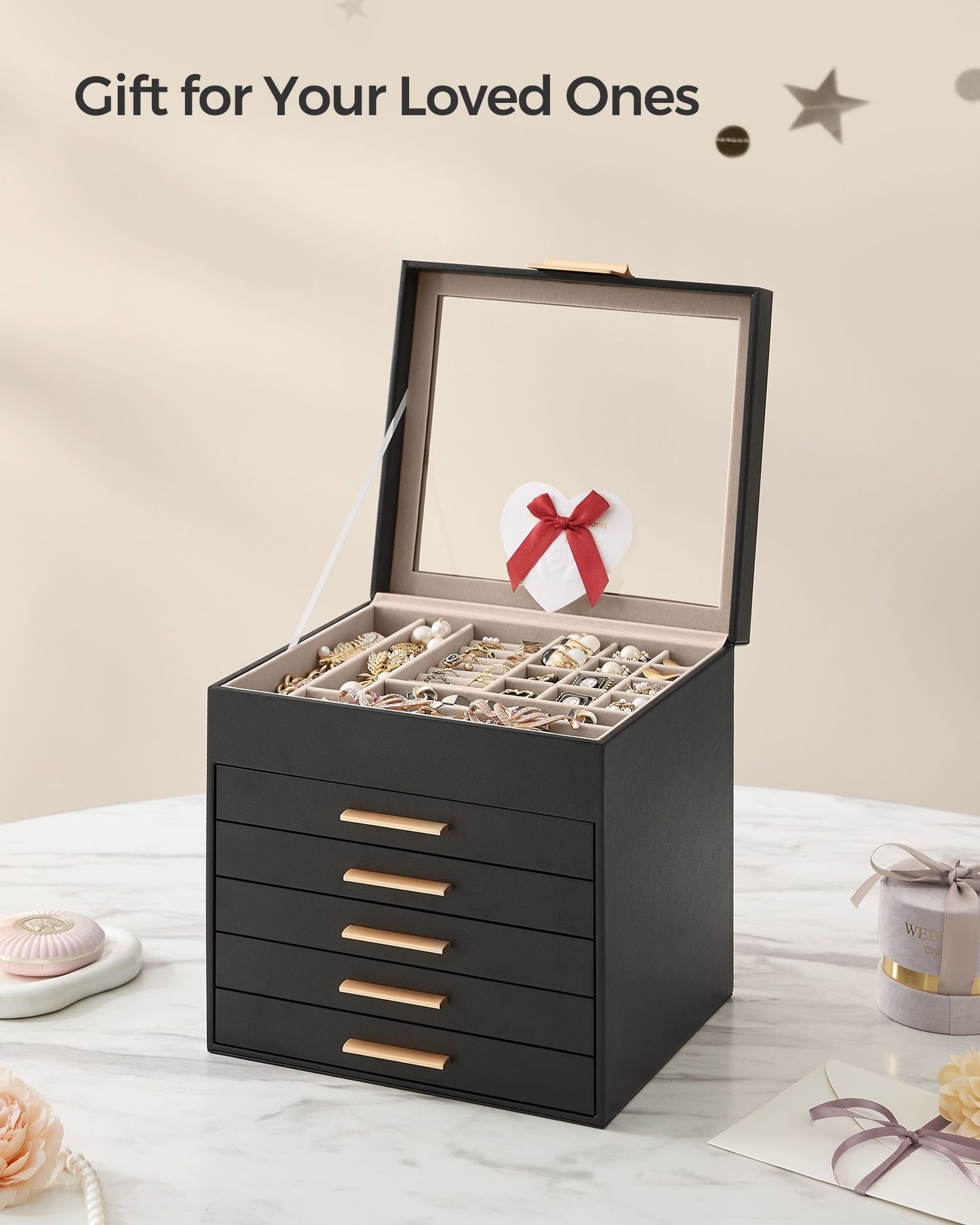6-Layer Jewelry Box with Glass Lid, 5 Drawers