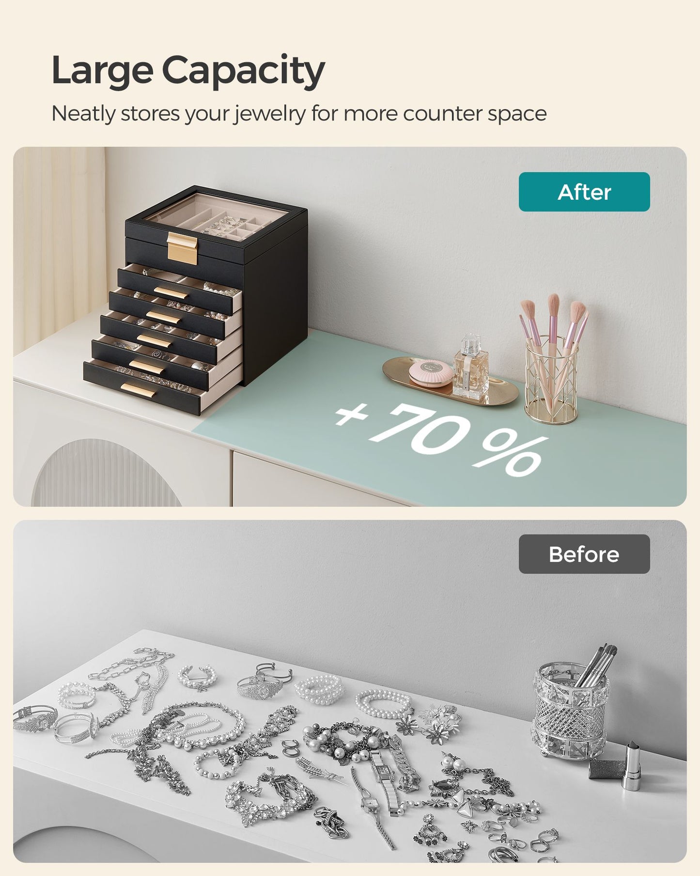 6-Layer Jewelry Box with Glass Lid, 5 Drawers