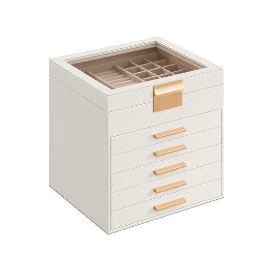 6-Layer Jewelry Box with Glass Lid, 5 Drawers - HWLEXTRA 