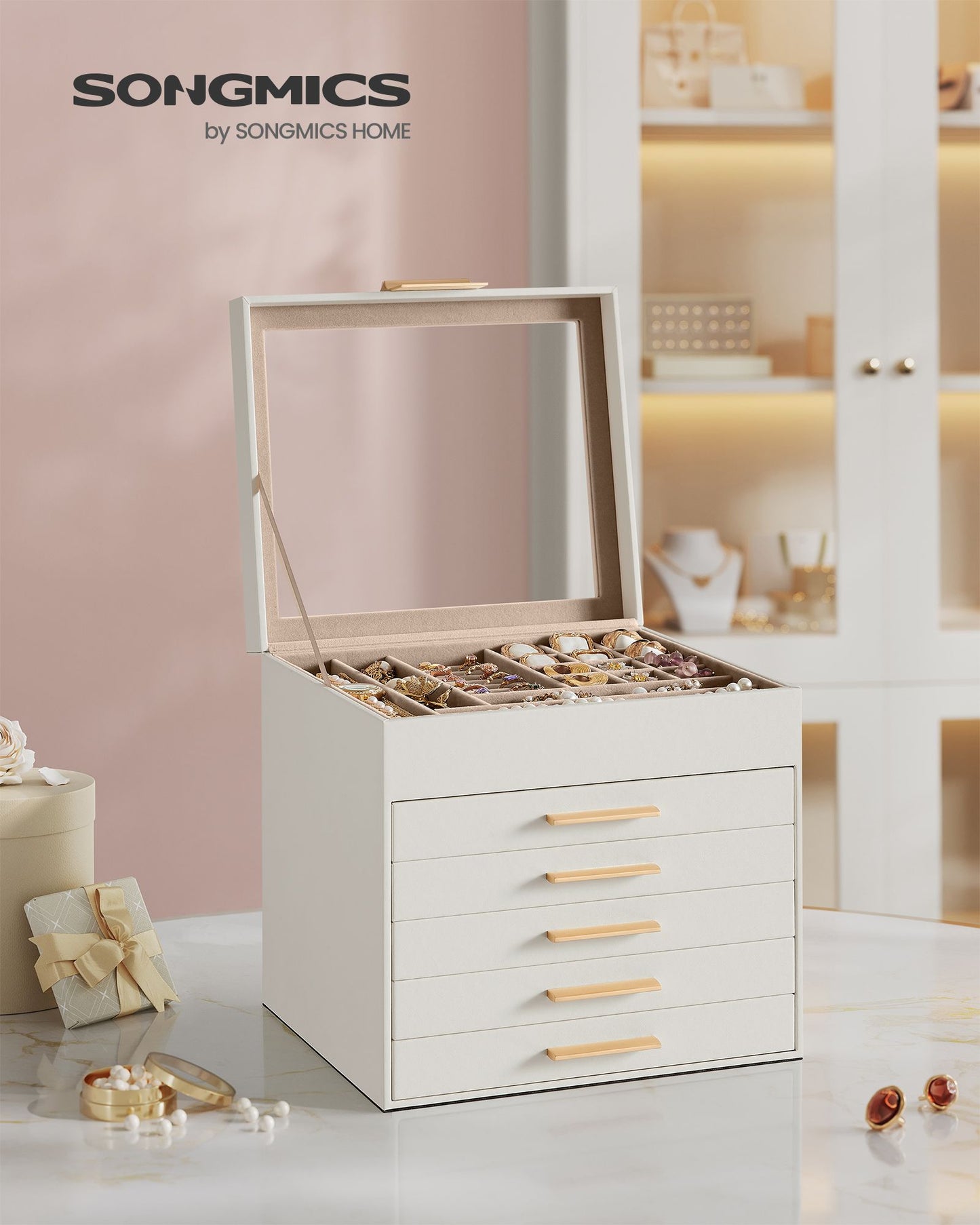 6-Layer Jewelry Box with Glass Lid, 5 Drawers - HWLEXTRA 