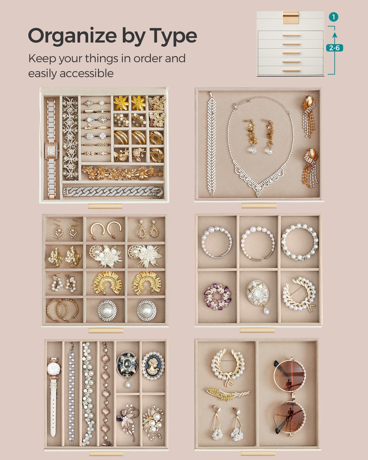 6-Layer Jewelry Box with Glass Lid, 5 Drawers - HWLEXTRA 
