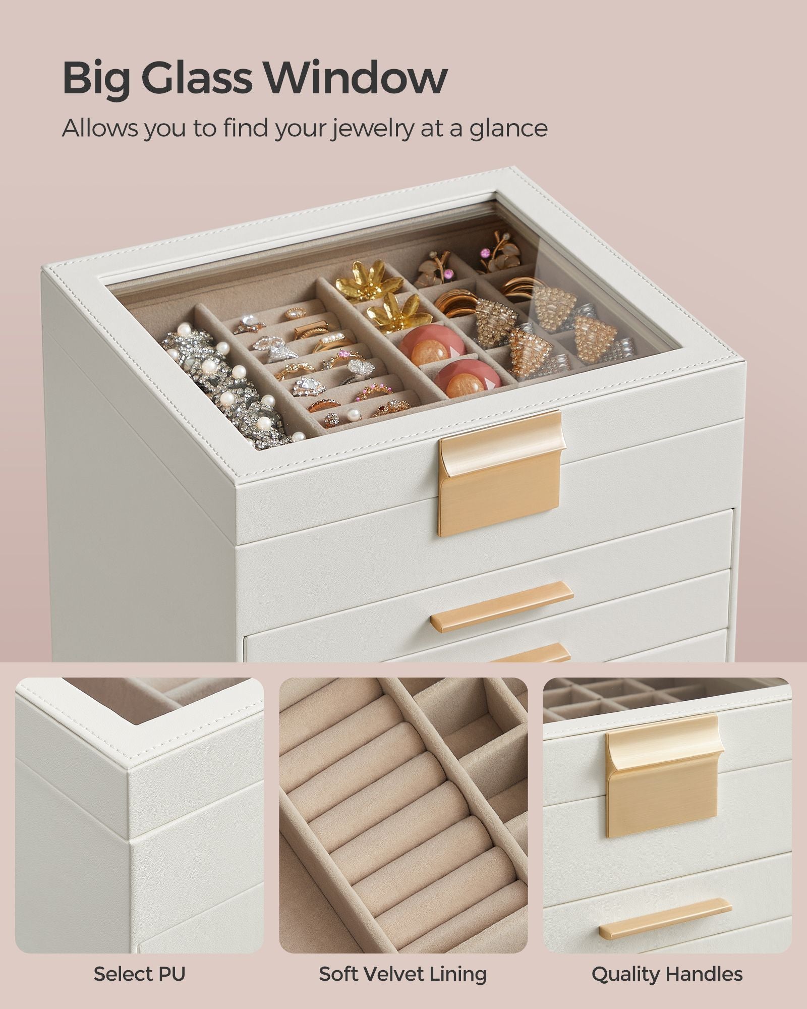 6-Layer Jewelry Box with Glass Lid, 5 Drawers - HWLEXTRA 