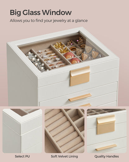 6-Layer Jewelry Box with Glass Lid, 5 Drawers - HWLEXTRA 