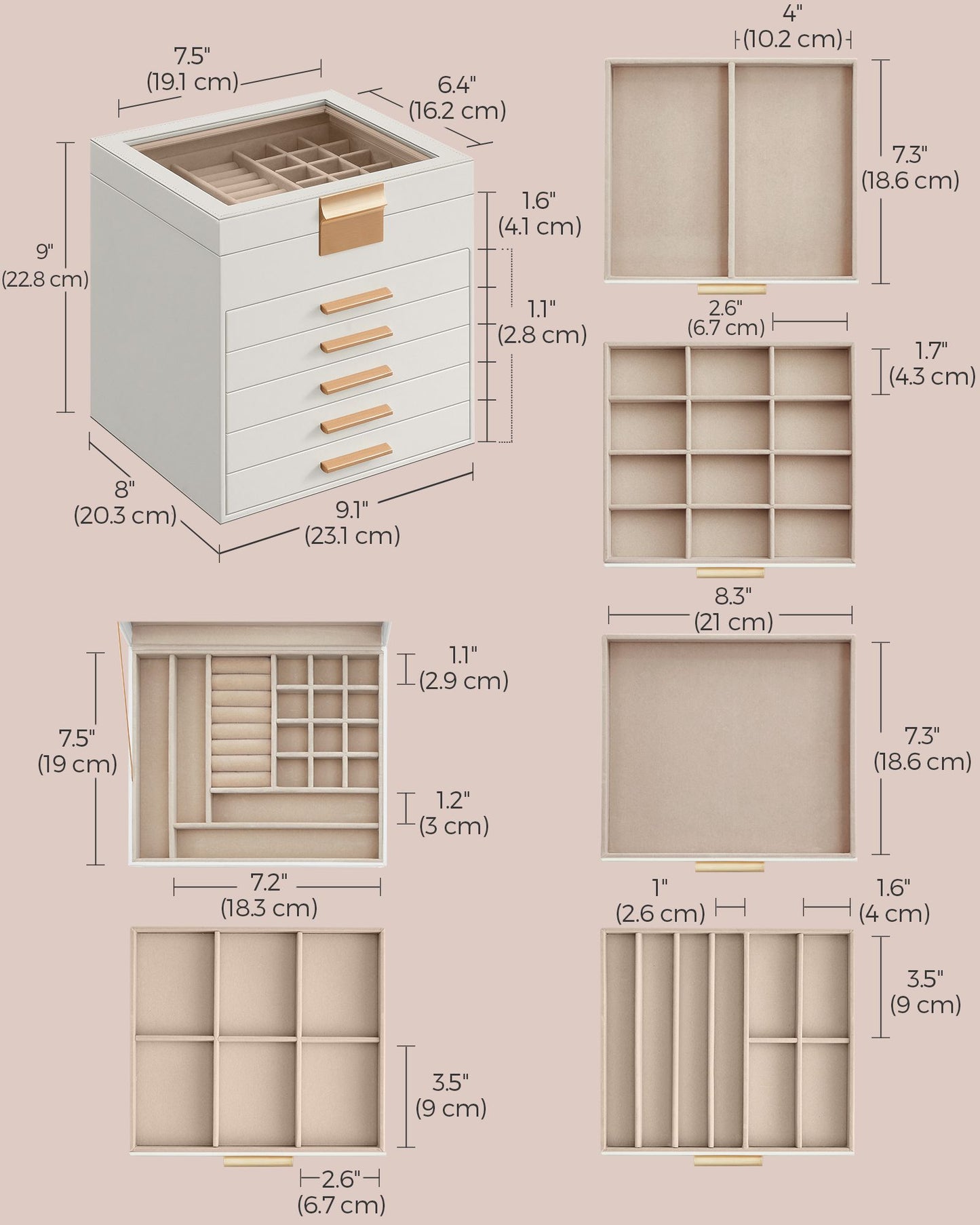 6-Layer Jewelry Box with Glass Lid, 5 Drawers - HWLEXTRA 