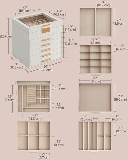 6-Layer Jewelry Box with Glass Lid, 5 Drawers - HWLEXTRA 
