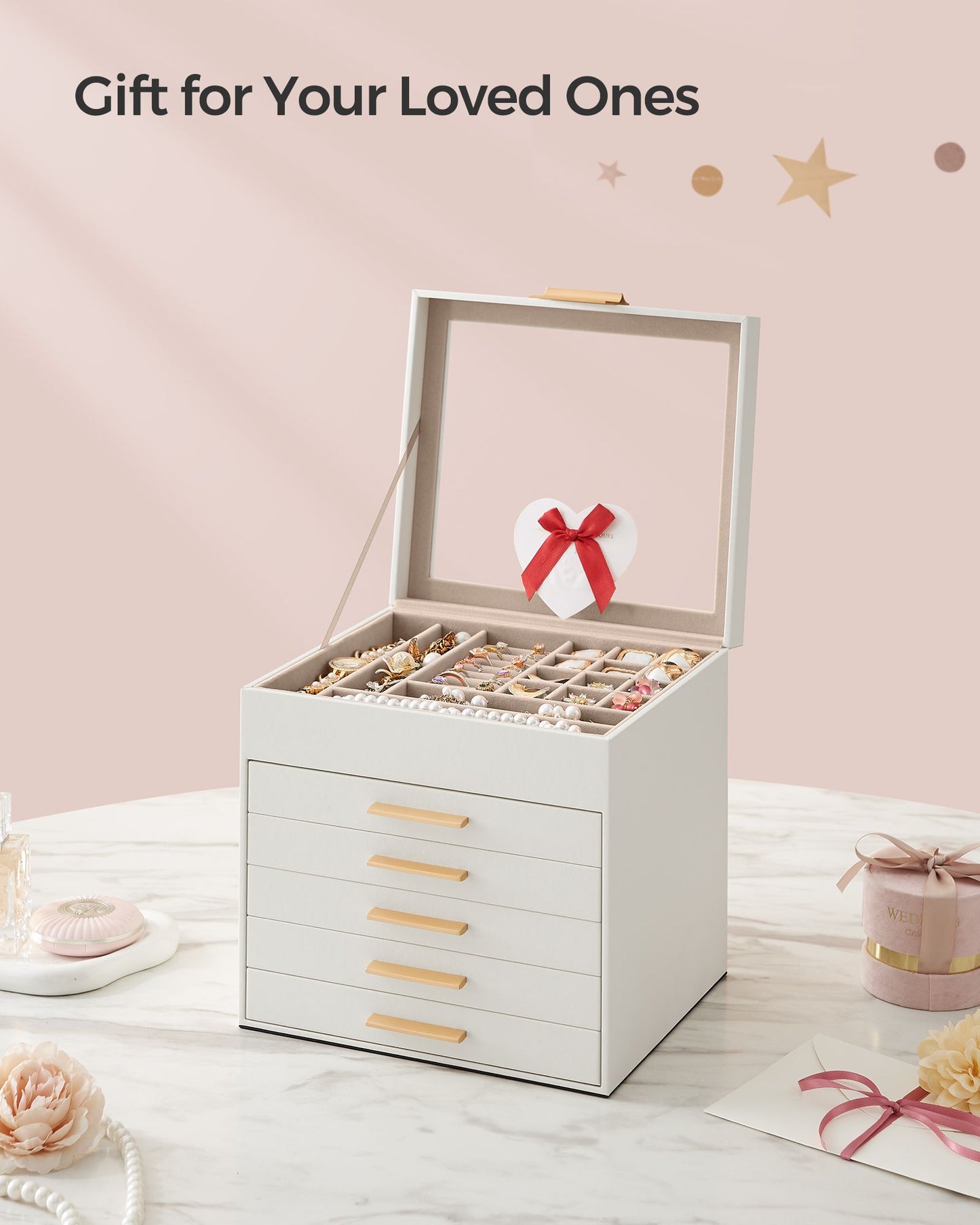 6-Layer Jewelry Box with Glass Lid, 5 Drawers - HWLEXTRA 