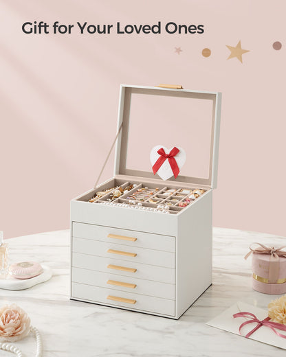 6-Layer Jewelry Box with Glass Lid, 5 Drawers - HWLEXTRA 