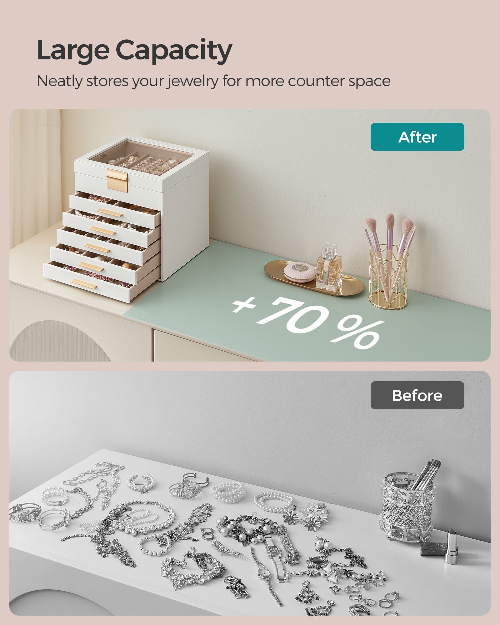 6-Layer Jewelry Box with Glass Lid, 5 Drawers - HWLEXTRA 