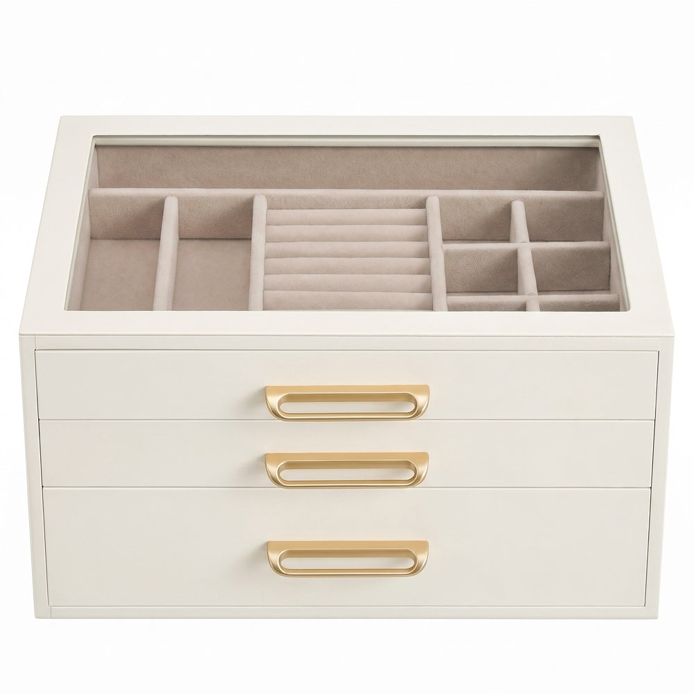 3-Tier Jewellery Box with Glass Lid — White and Beige - image 1